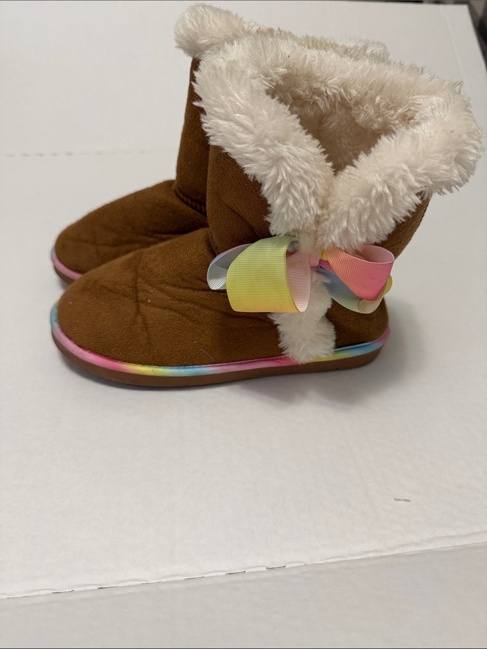 Girls Brown Faux Fur Winter Boots with Rainbow Bow Accent